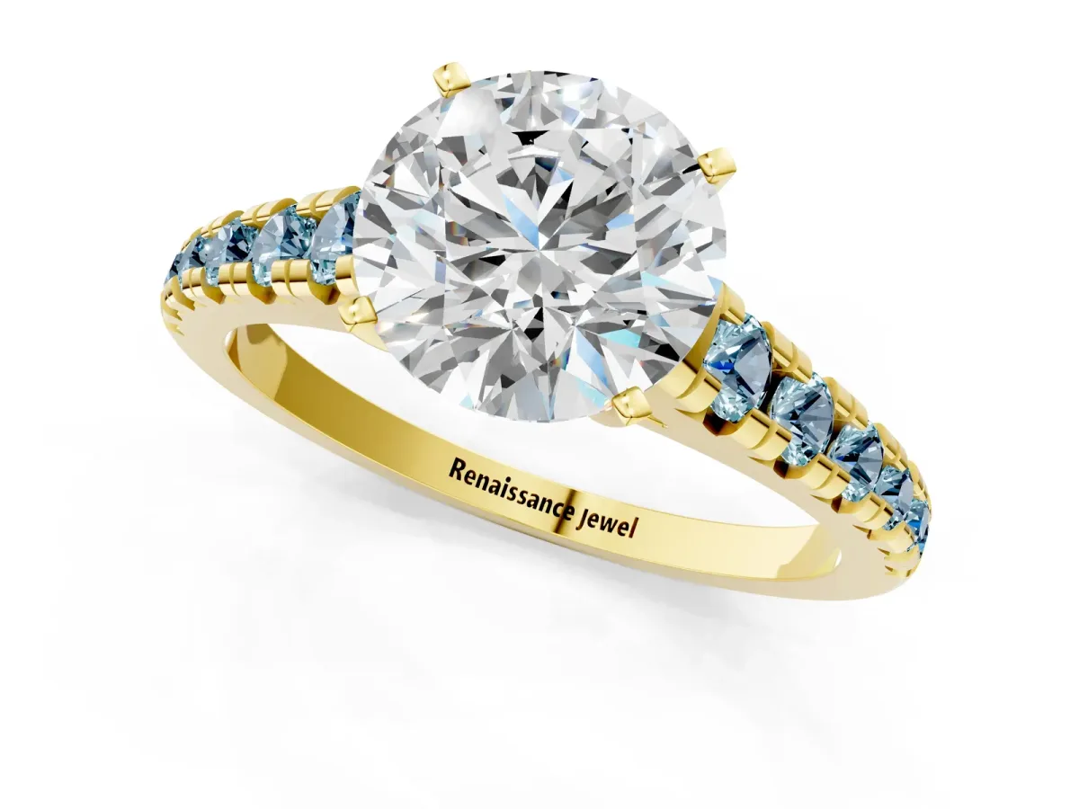 Round Cut Diamond Cathedral Solitaire Ring with Round Aquamarine Pavé Band Yellow gold