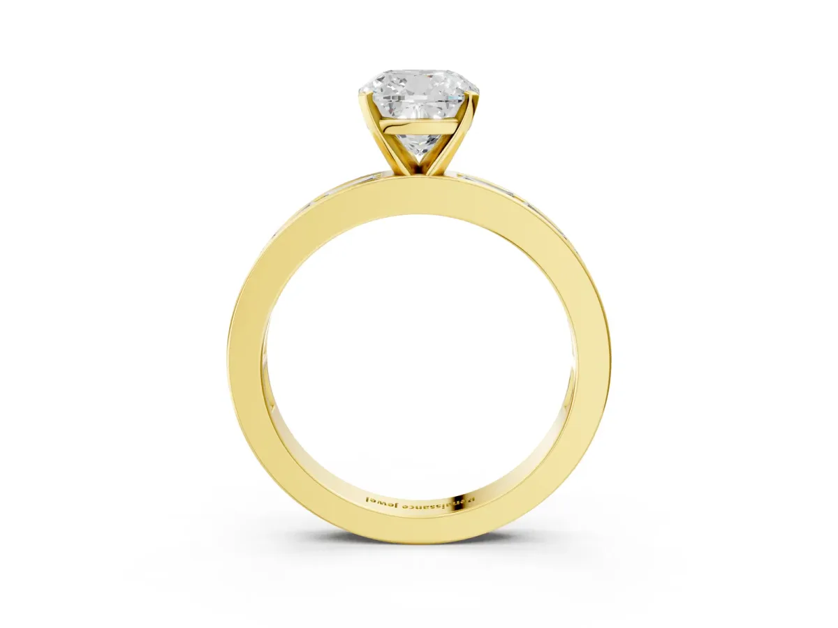 Cushion Cut Solitaire Diamond Ring with Channel-Set Baguette Band and Four-Prong Setting Yellow gold