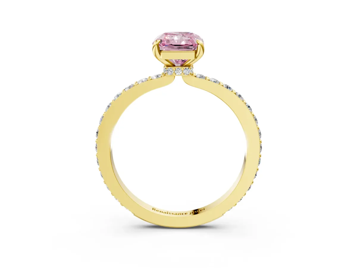 Fancy Pink Radiant Cut Diamond Solitaire Engagement Ring with Pavé Band and Four-Prong Setting Yellow gold