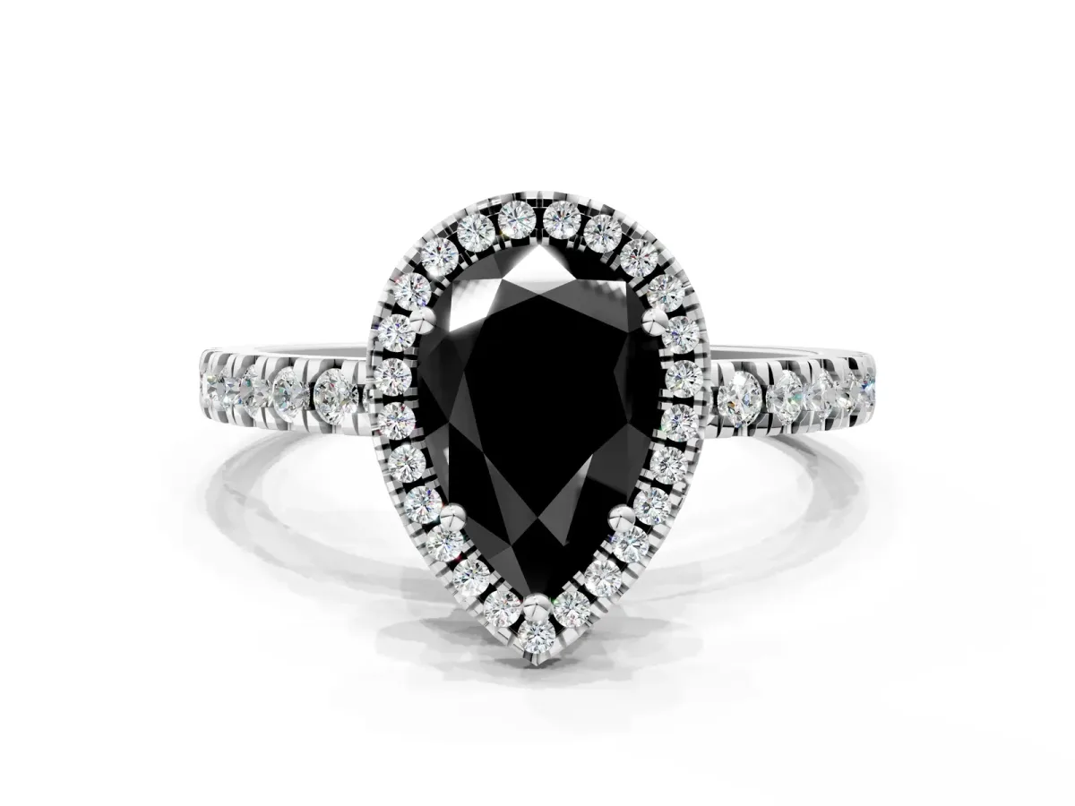Fancy Black Pear Cut Diamond Classic Halo Engagement Ring with Round Pavé Band and Prong Setting White gold