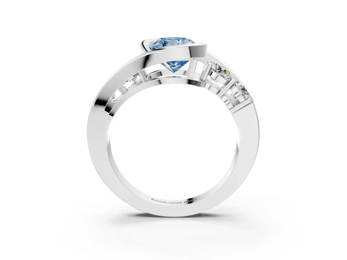 Fancy Blue Bezel Set Cushion Cut Diamond Bypass Ring with Round Accents Silver
