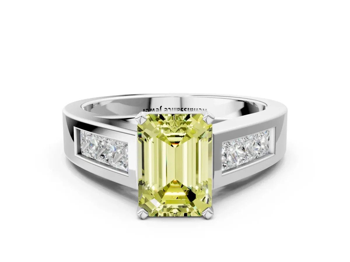 Fancy Yellow Emerald Cut Cut Channel Set Solitaire Ring with Four-Prong Setting White gold