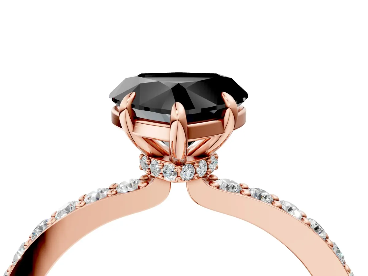 Fancy Black Heart Cut Diamond Solitaire Engagement Ring with Pavé Band and Four-Prong Setting Rose gold