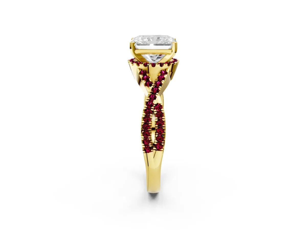 Radiant Cut Diamond Garnet Halo Twist Band Solitaire Prong Setting Ring Yellow gold