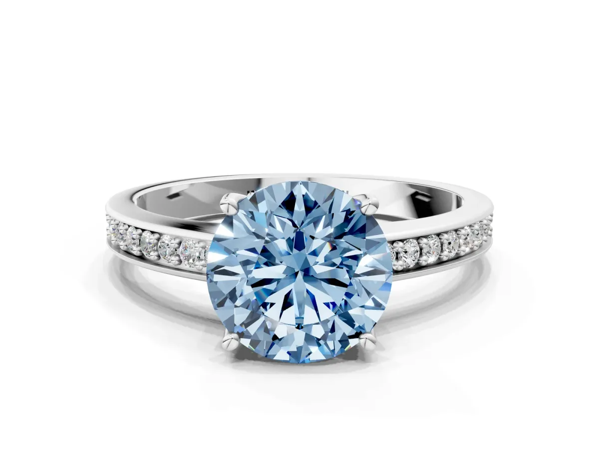 Fancy Blue Asscher Cut Solitaire Pavé Band Prong Setting Ring Platinum