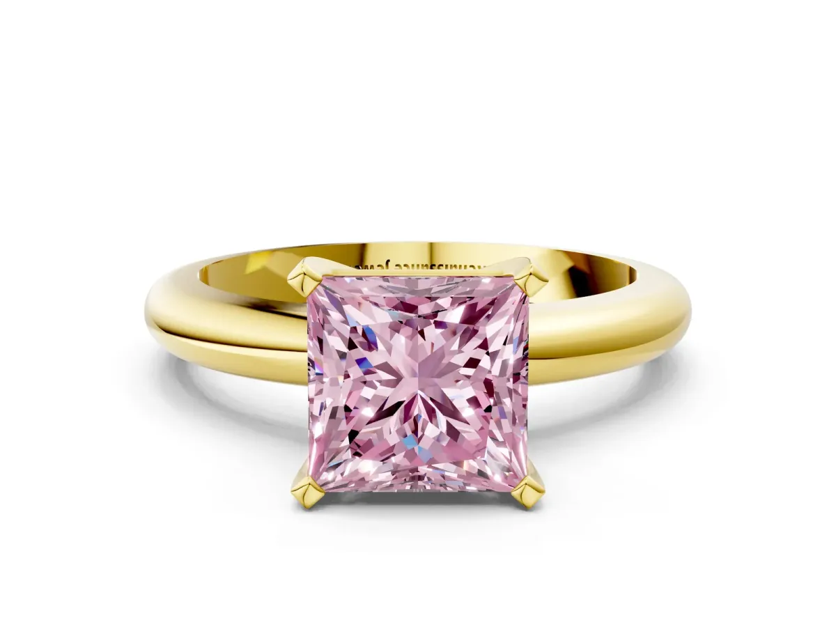 Fancy Pink Princess Cut Diamond Solitaire Engagement Ring with Round Band and Four-Prong Setting Yellow gold