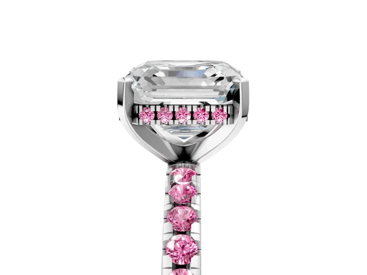 Asscher Cut Diamond Solitaire Ring with Round Pink Sapphire Pavé Band and Four-Prong Setting White gold