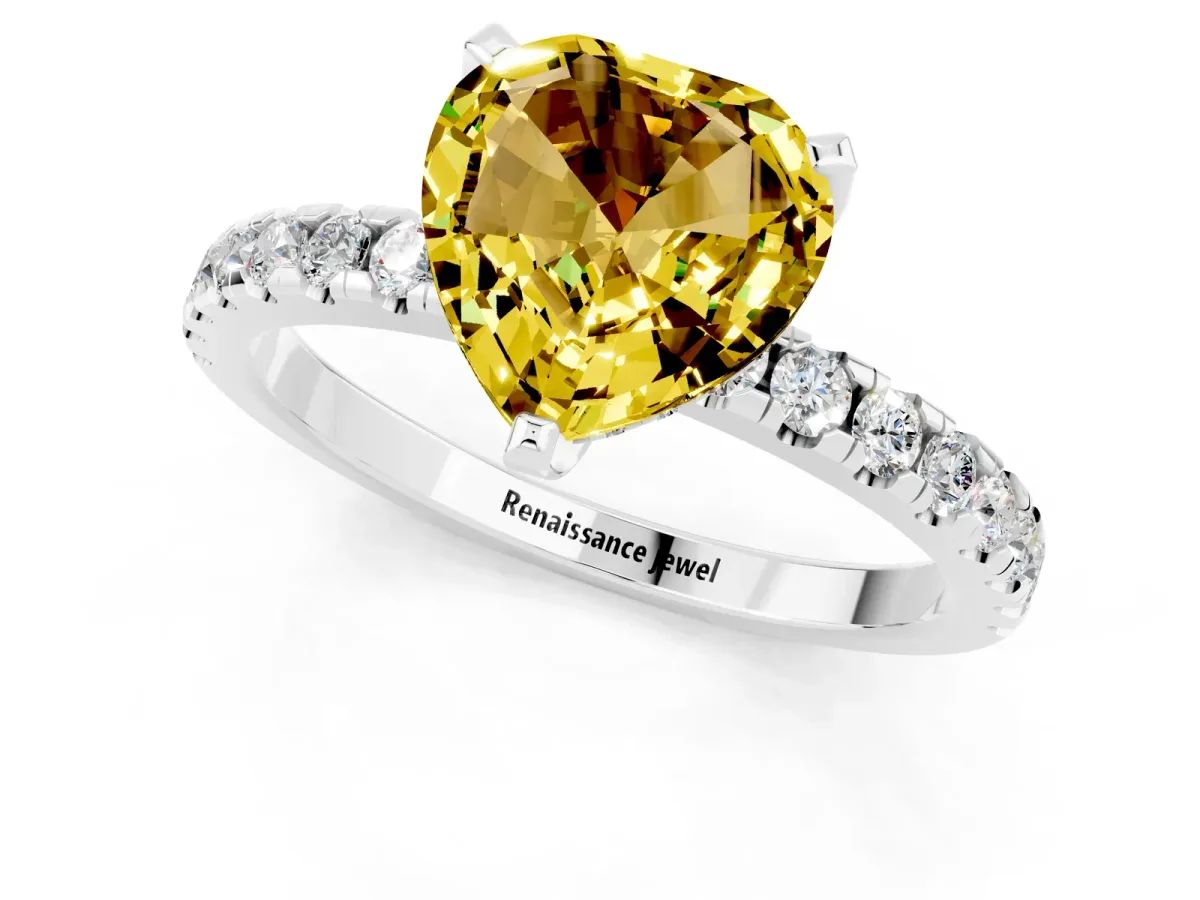 Heart Cut Yellow Sapphire Solitaire Ring with Round Pavé Band and Four-Prong Setting White gold