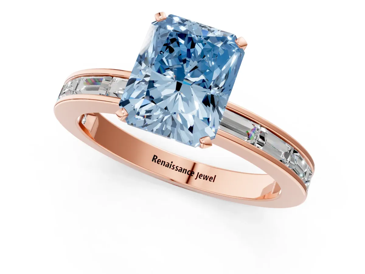 Fancy Blue Radiant Cut Solitaire Diamond Ring with Channel-Set Baguette Band and Four-Prong Setting Rose gold