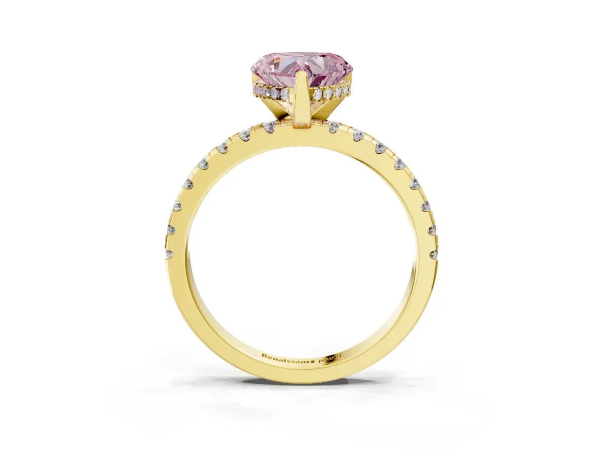 Fancy Pink Heart Cut Diamond Solitaire Ring with Round Pavé Band and Four-Prong Setting Yellow gold
