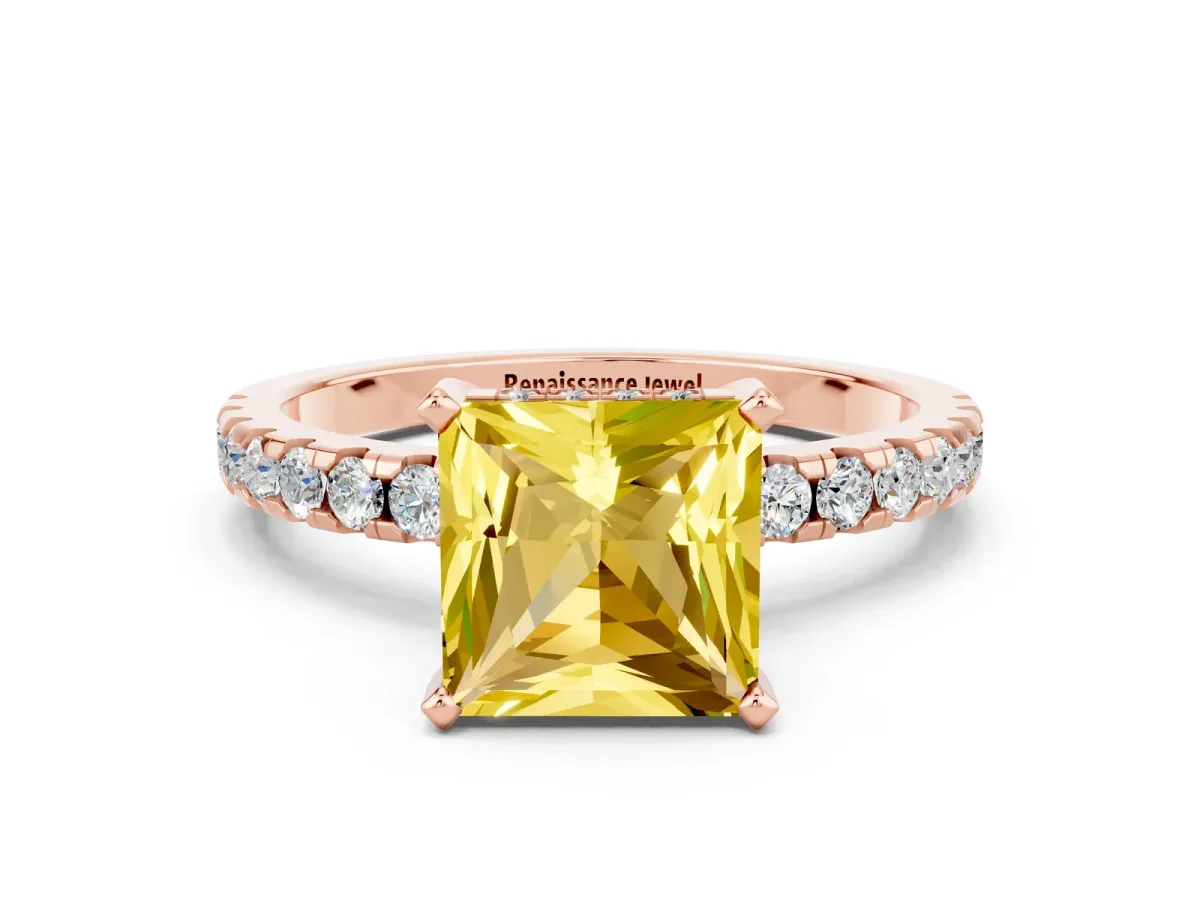 Princess Cut Yellow Sapphire Solitaire Ring with Round Pavé Band and Four-Prong Setting Rose gold