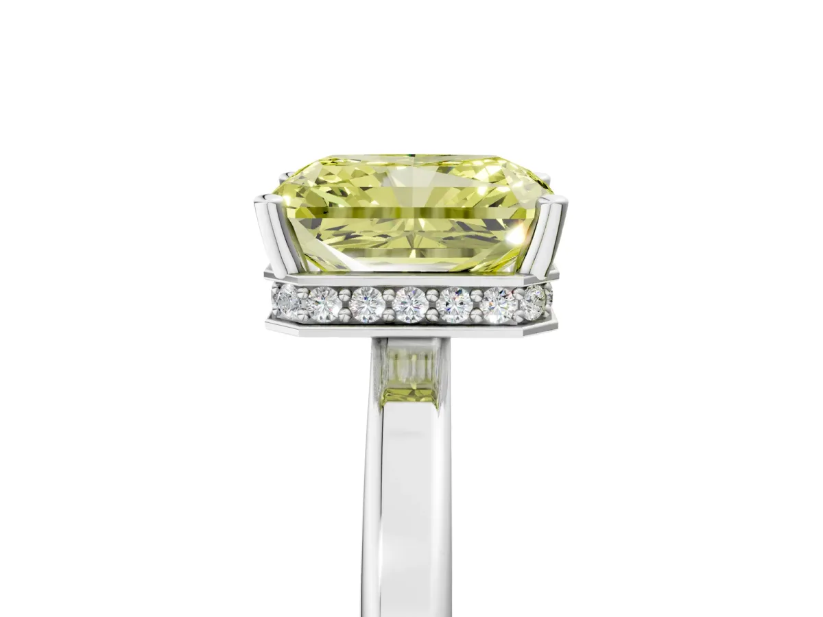 Fancy Yellow Radiant Cut Cut Solitaire Engagement Ring with Four-Prong Setting on a Classic Band Platinum