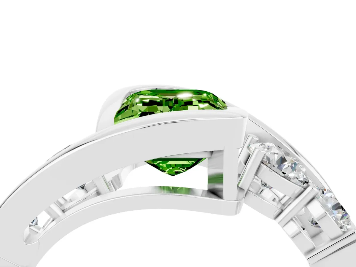 Bezel Set Emerald Cut Peridot Bypass Ring with Round Accents Silver