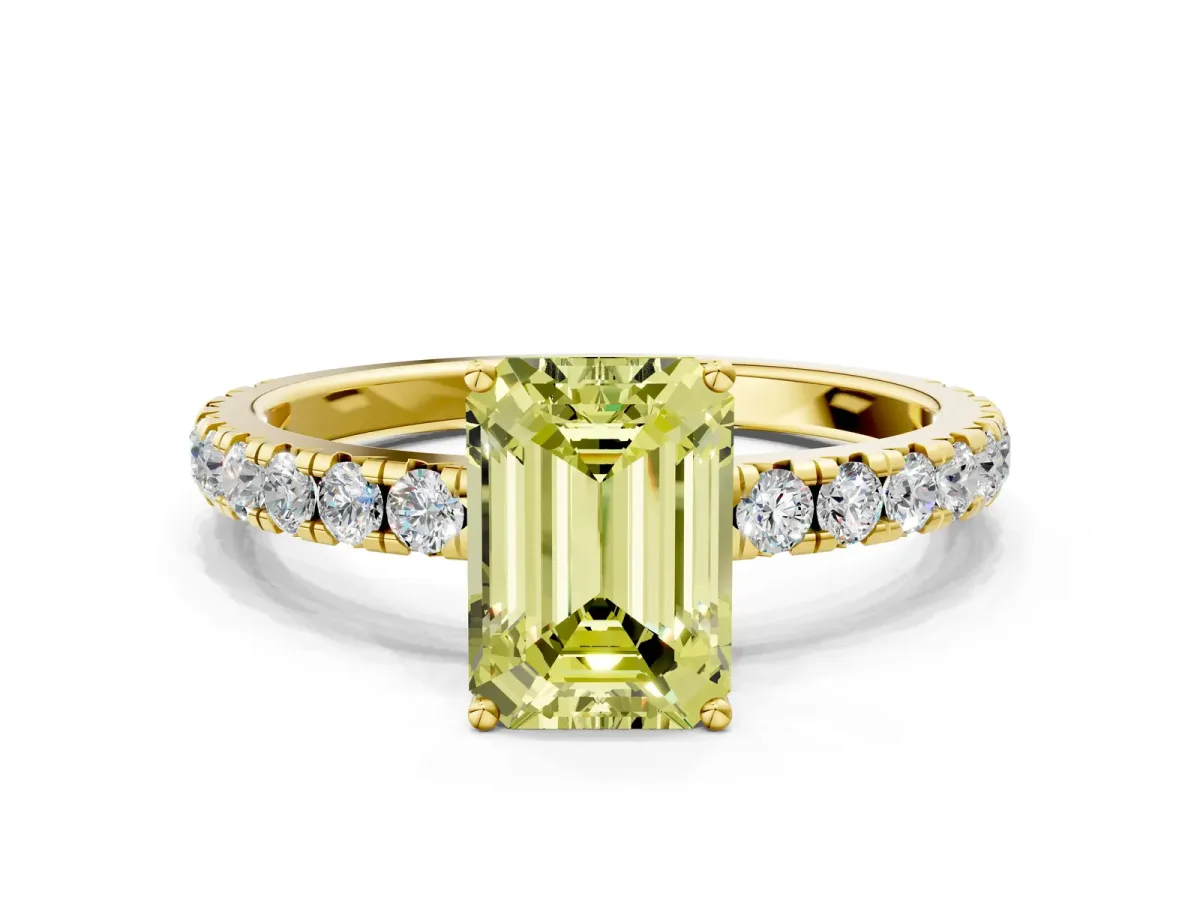 Fancy Yellow Emerald Cut Diamond Pavé Solitaire Engagement Ring with Four-Prong Setting Yellow gold