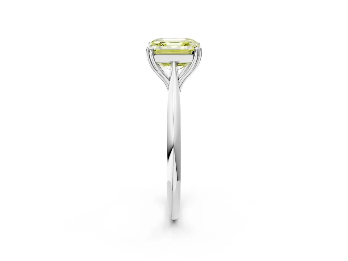 Fancy Yellow Asscher Cut Solitaire Diamond Ring with Six-Prong Setting and Classic Band Platinum