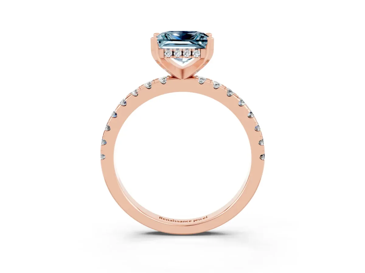 Princess Cut Aquamarine Solitaire Ring with Round Pavé Band and Four-Prong Setting Rose gold