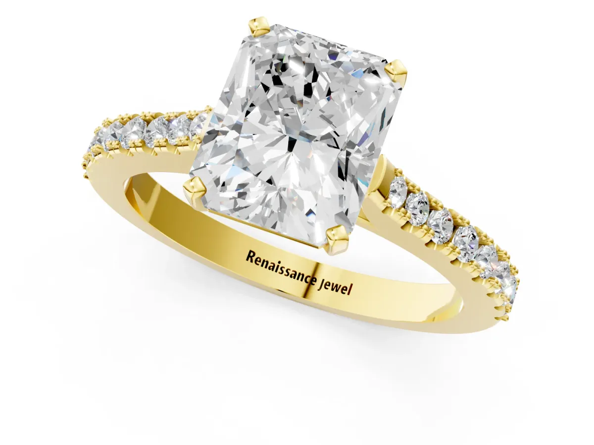 Radiant Cut Cut Solitaire Diamond Engagement Ring with Pave Band and Four-Prong Setting Yellow gold
