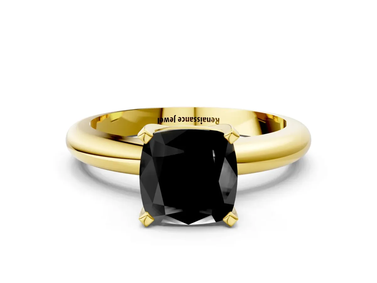 Fancy Black Cushion Cut Diamond Solitaire Engagement Ring with Round Band and Four-Prong Setting Yellow gold