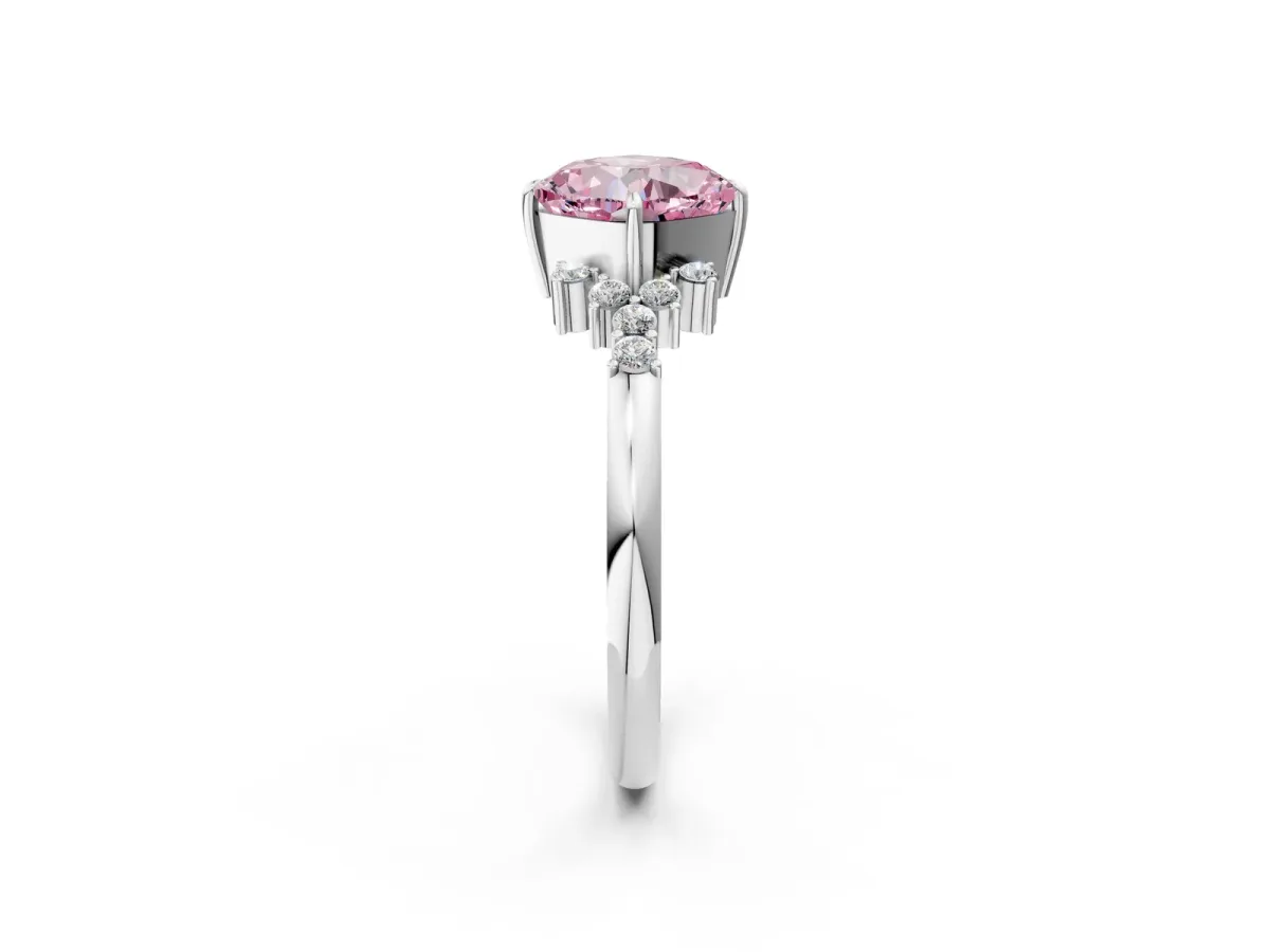 Fancy Pink Cushion Cut Diamond Ring with Side Stones and Four-Prong Setting Silver