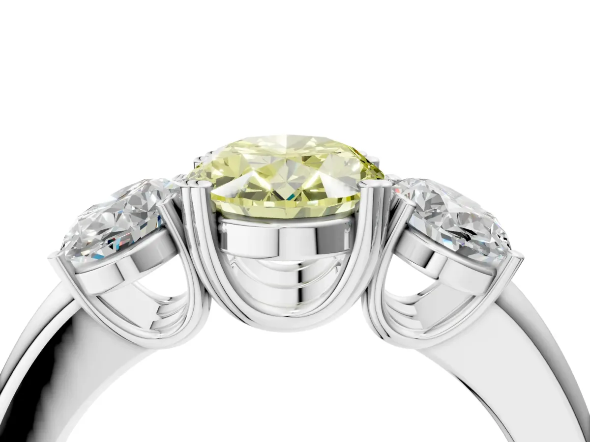 Fancy Yellow Three-Stone Oval Cut Cut Diamond Ring with Channel Set Band and Four-Prong Setting Silver