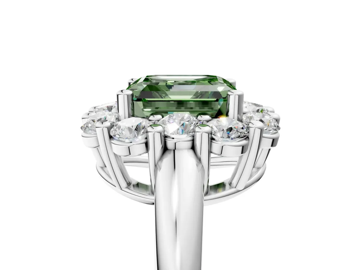 Fancy Green Asscher Cut Halo Cluster Diamond Engagement Ring with Prong Setting and Polished Band Platinum