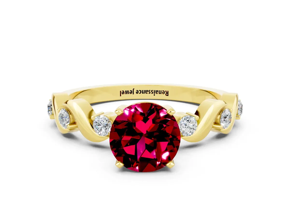 Round Cut Garnet Solitaire Twisted Band with Round Accents and Prong Setting Yellow gold