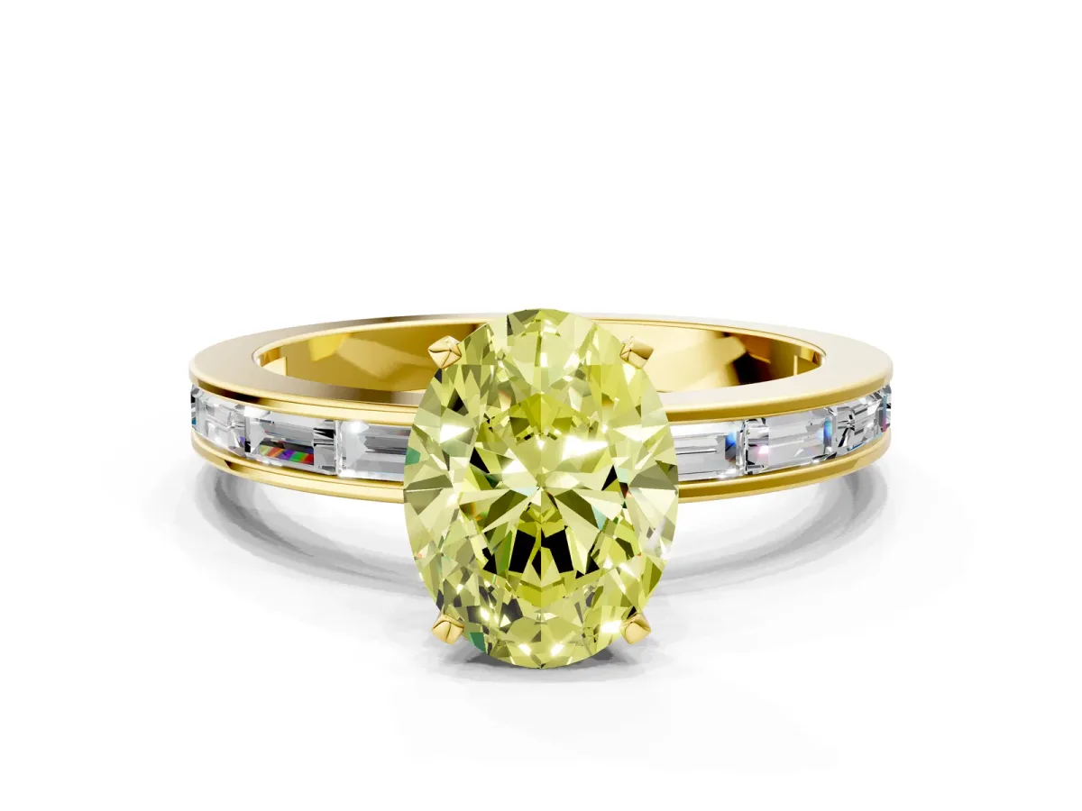 Fancy Yellow Oval Cut Solitaire Diamond Ring with Channel-Set Baguette Band and Four-Prong Setting Yellow gold