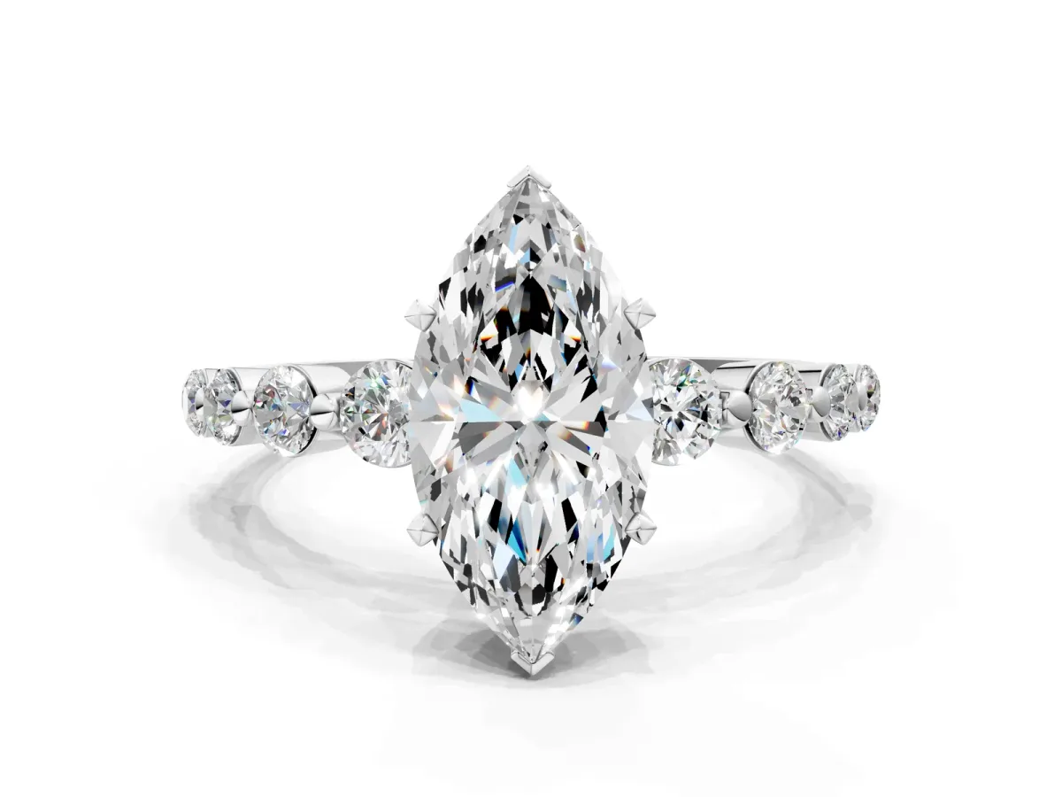Marquise Cut Solitaire Diamond Ring with Pave Band and Four-Prong Setting Platinum