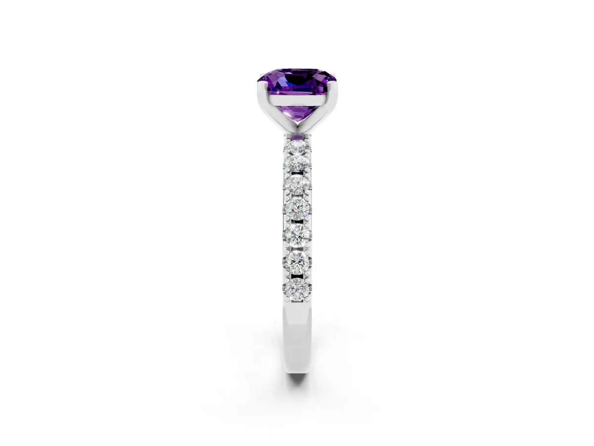 Cushion Cut Amethyst Solitaire Pavé Band with Four-Prong Setting Platinum