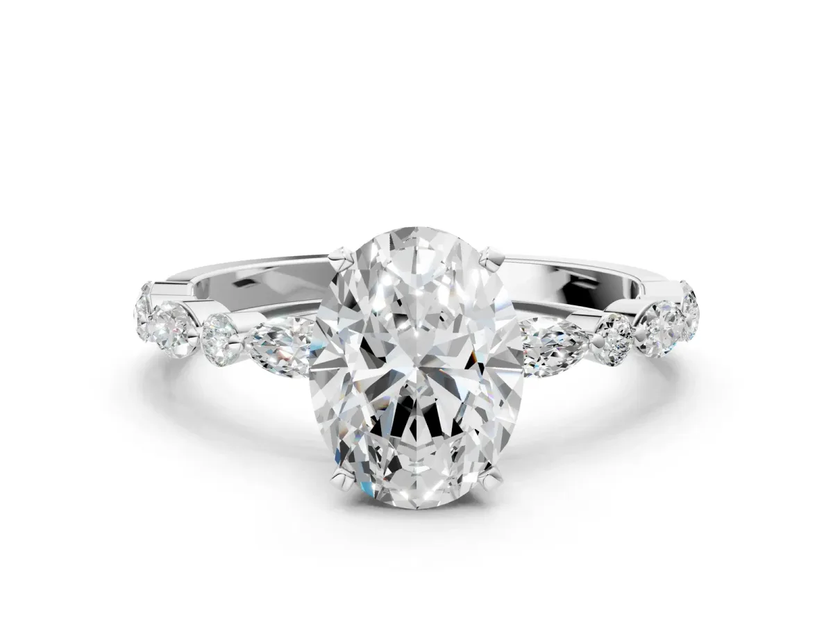 Oval Cut Diamond Ring with Marquise and Round Moissanite Side Stones and Four-Prong Setting White gold