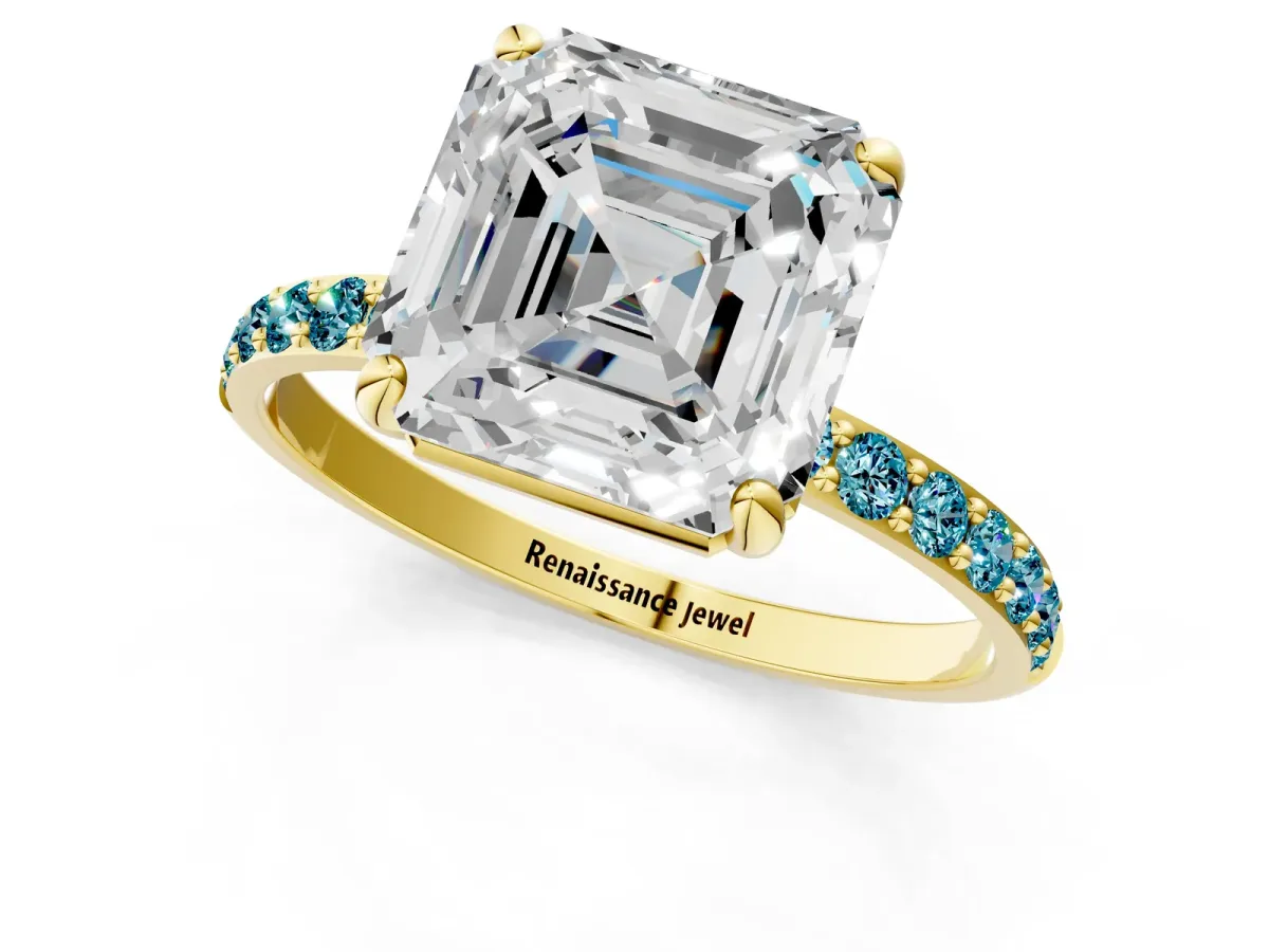 Asscher Cut Diamond Solitaire Ring with Round Blue Topaz Pavé Band and Prong Setting Yellow gold