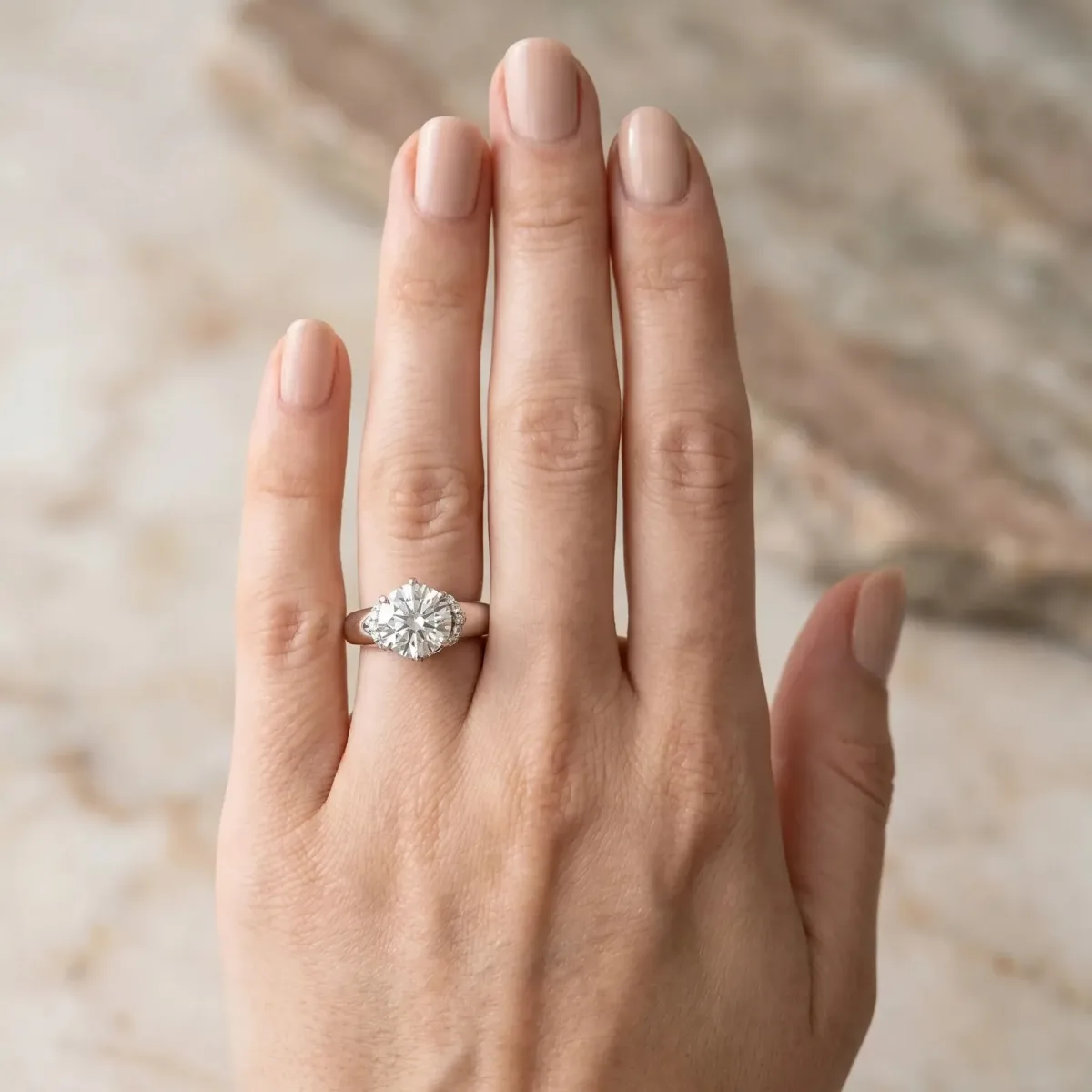Round Cut Brilliant Solitaire Cathedral Engagement Ring with Pave Accents Silver