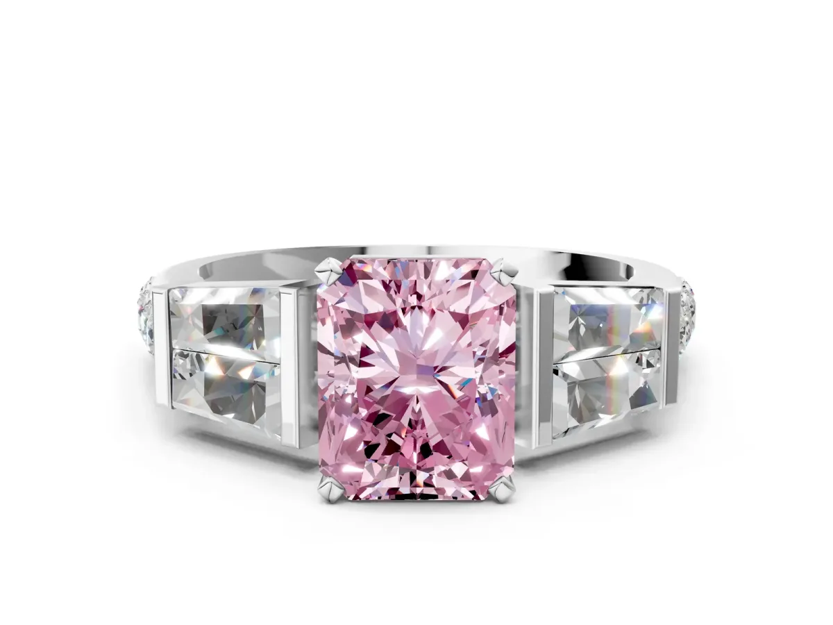 Fancy Pink Radiant Cut Diamond Engagement Ring with Baguette Side Stones and Channel Set Band Platinum