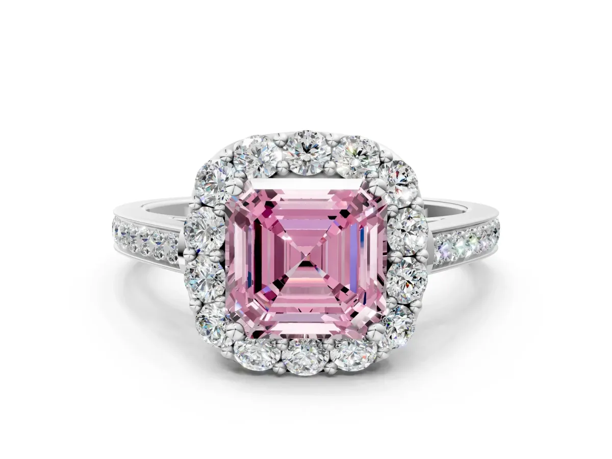 Fancy Pink Asscher Cut Diamond Floral Halo Ring with Pavé Band and Prong Setting Platinum