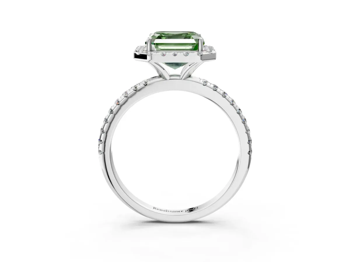 Fancy Green Asscher Cut Diamond Halo Engagement Ring with Round Pavé Band and Prong Setting Platinum