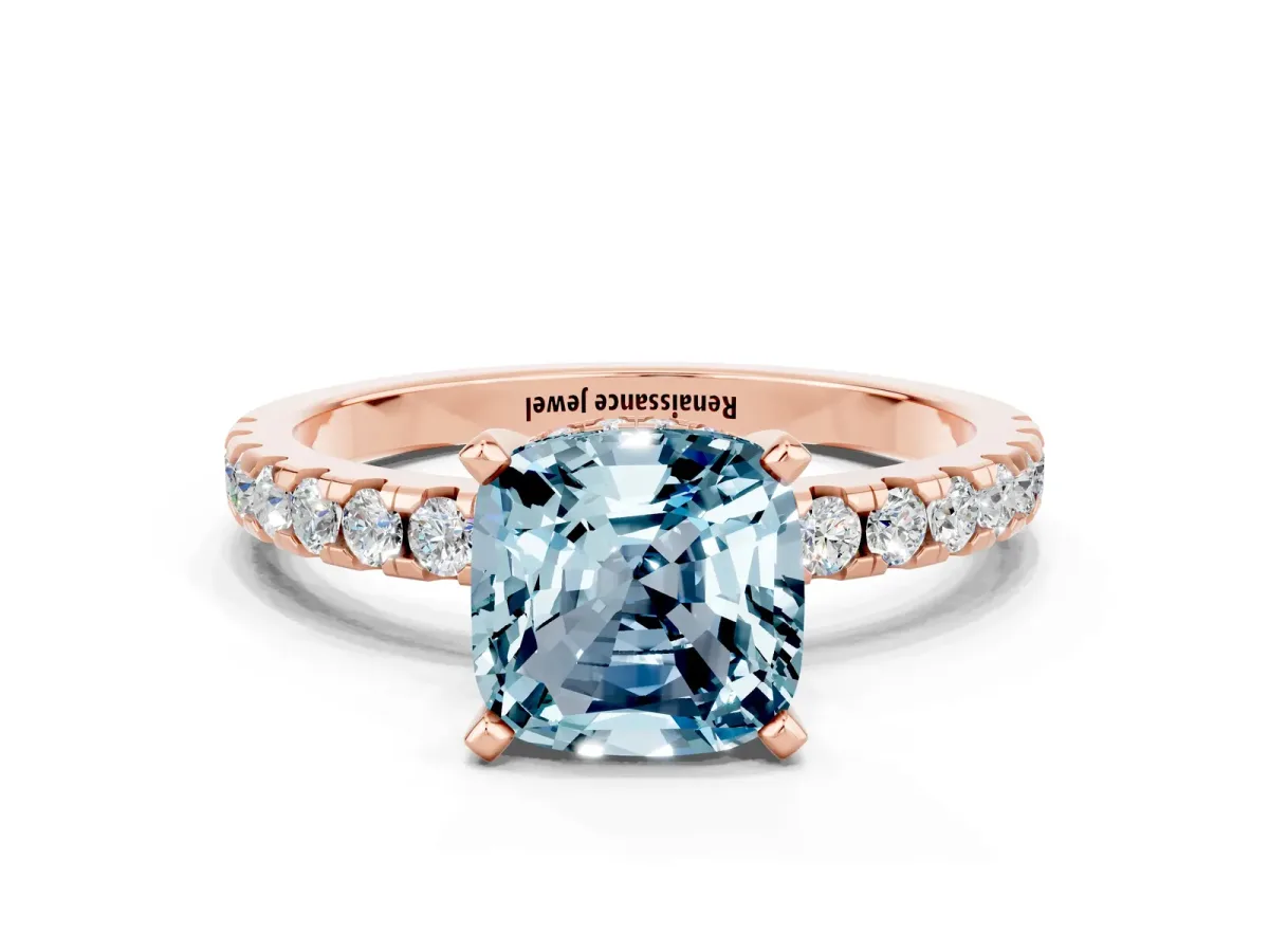 Cushion Cut Aquamarine Solitaire Ring with Round Pavé Band and Four-Prong Setting Rose gold