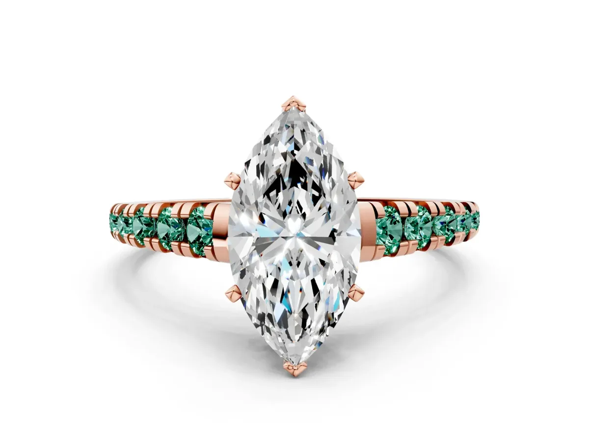Marquise Cut Diamond Cathedral Solitaire Ring with Round Green Sapphire Pavé Band Rose gold