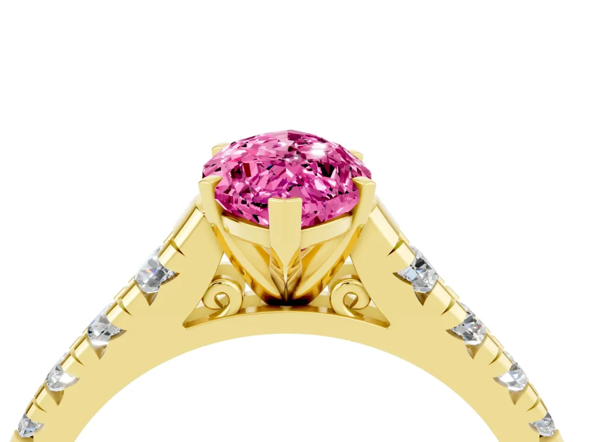 Marquise Cut Pink Sapphire Cathedral Solitaire Ring with Round Pavé Band Yellow gold