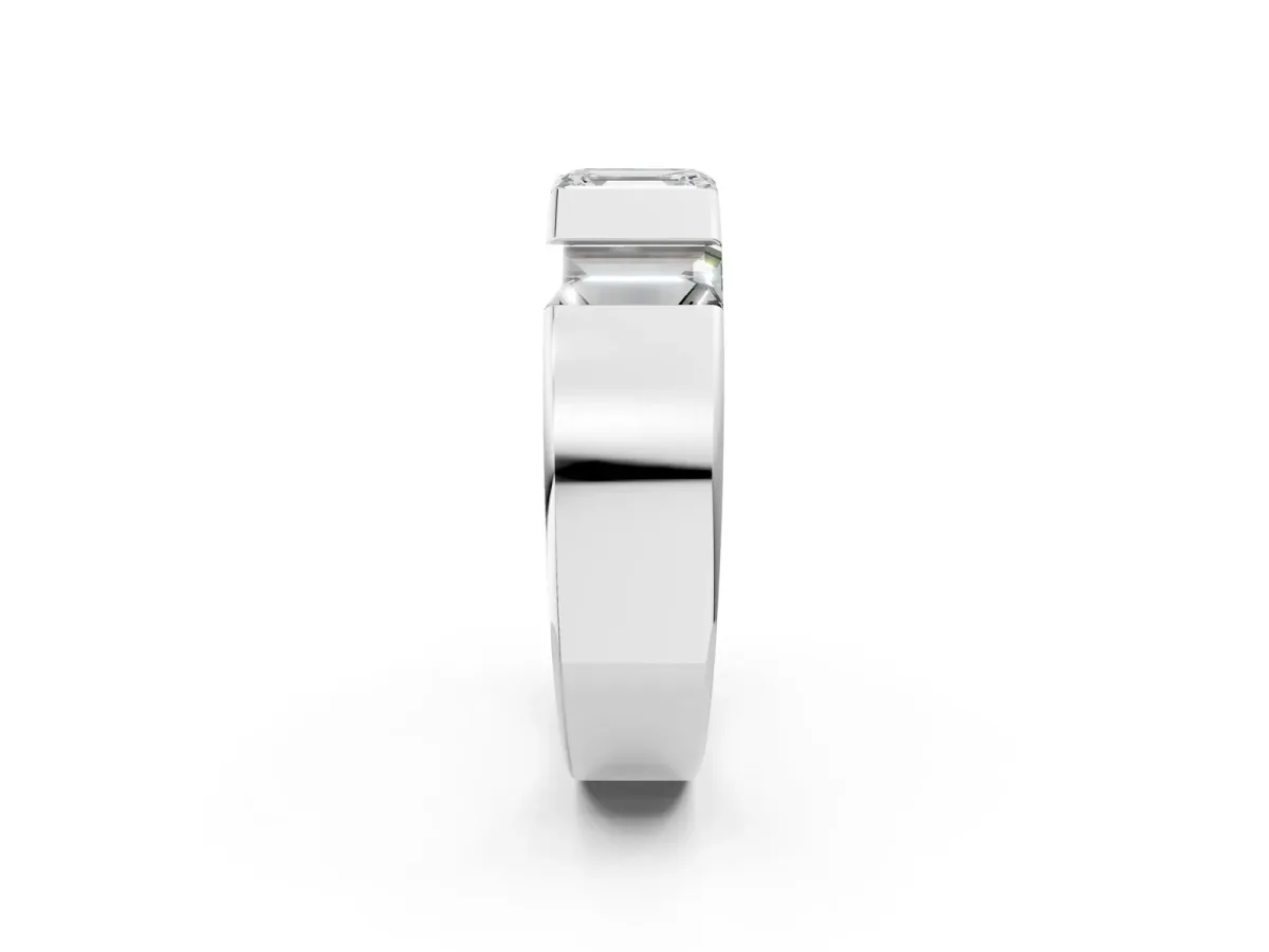 Emerald Cut Diamond Three-Stone Mens Ring with Baguette Side Stones White gold