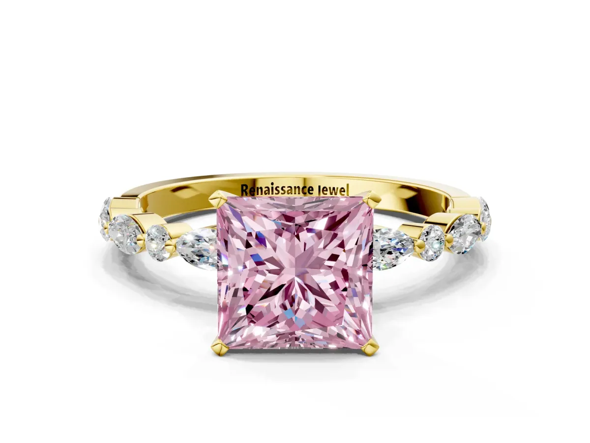 Fancy Pink Princess Cut Diamond Ring with Marquise and Round Side Stones and Four-Prong Setting Yellow gold