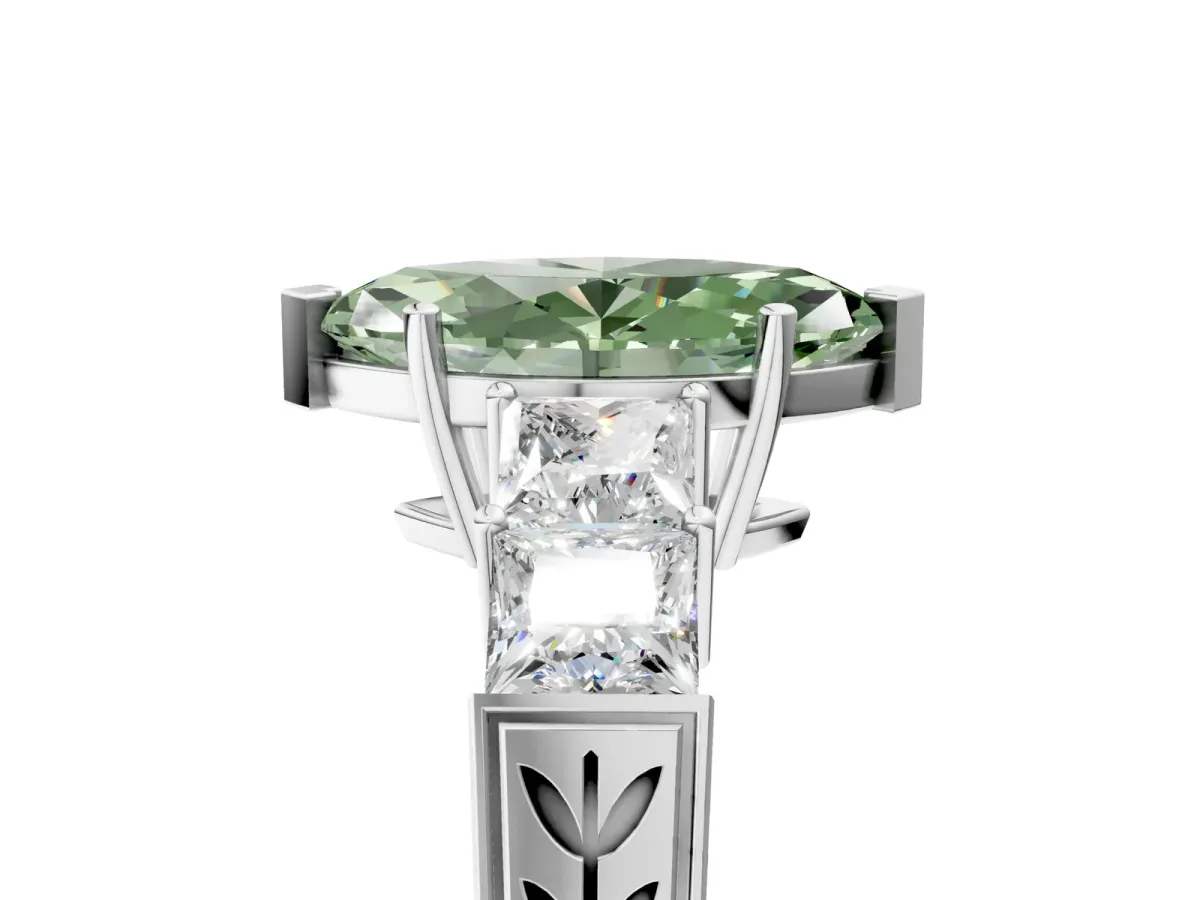 Fancy Green Marquise Cut Solitaire Princess Side Stone Engraved Band Prong Setting Ring Platinum