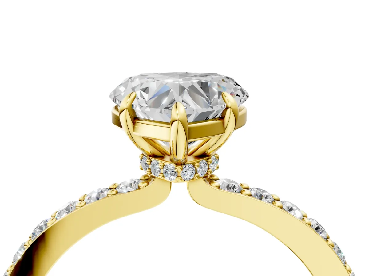 Heart Cut Diamond Solitaire Engagement Ring with Pavé Band and Four-Prong Setting Yellow gold