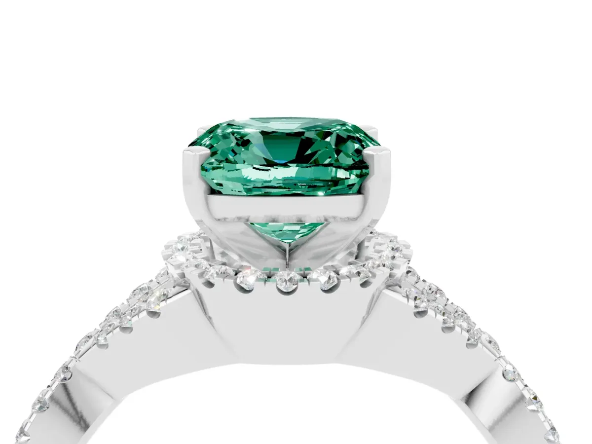 Cushion Cut Green Sapphire Halo Twist Band Solitaire Prong Setting Ring White gold