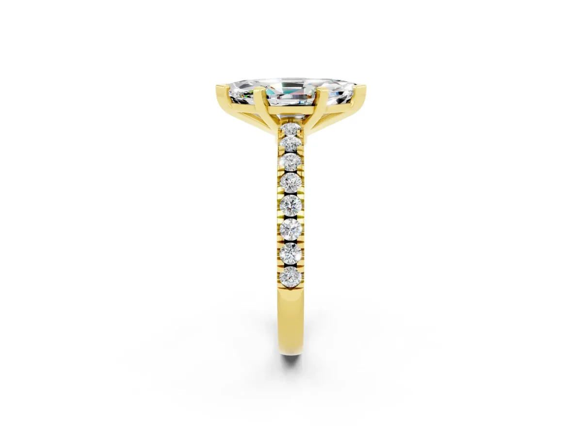 Marquise Cut Solitaire Moissanite with Pavé Band and Four-Prong Setting Yellow gold
