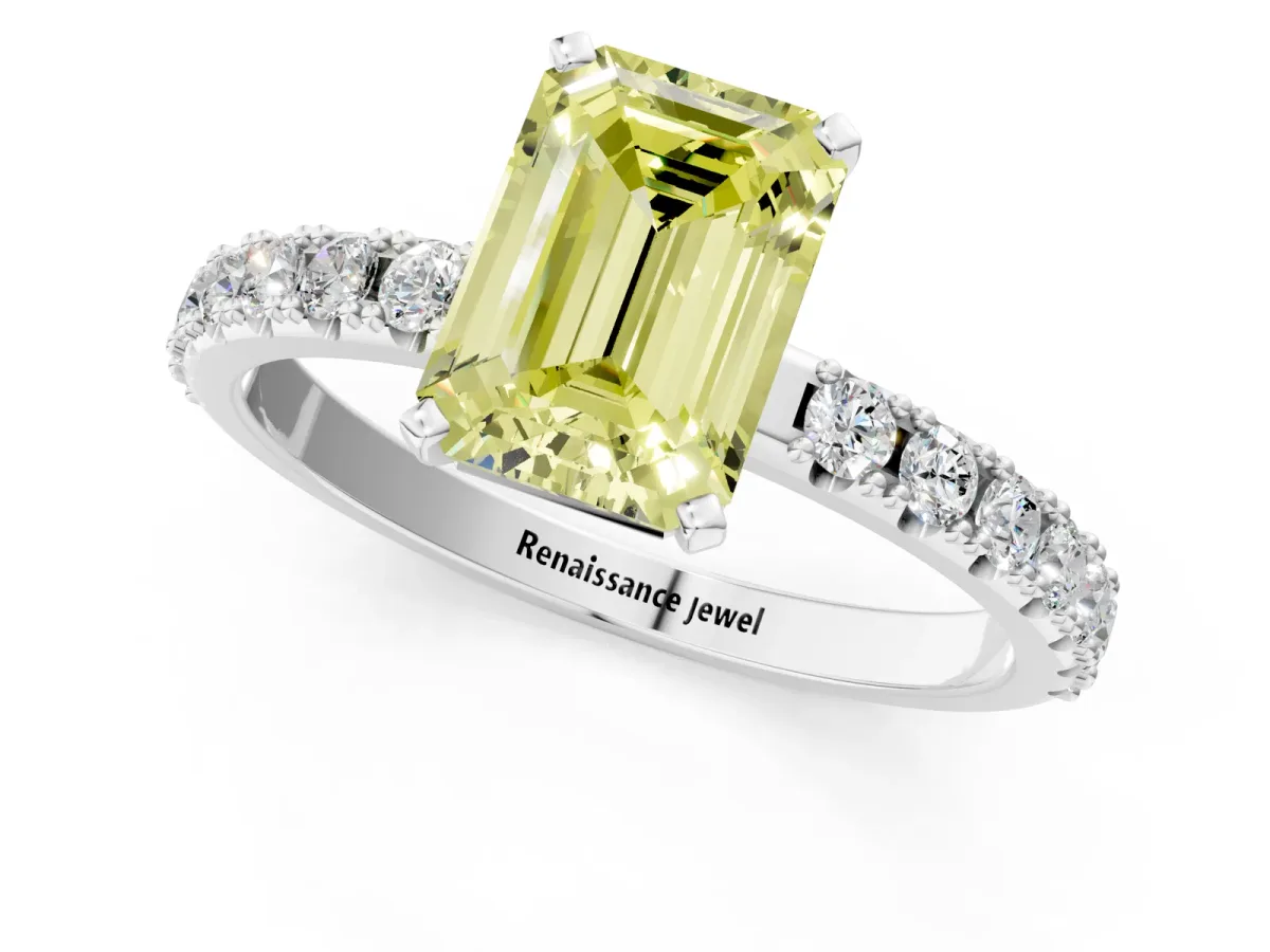 Fancy Yellow Emerald Cut Diamond Solitaire Pavé Band with Four-Prong Setting Platinum