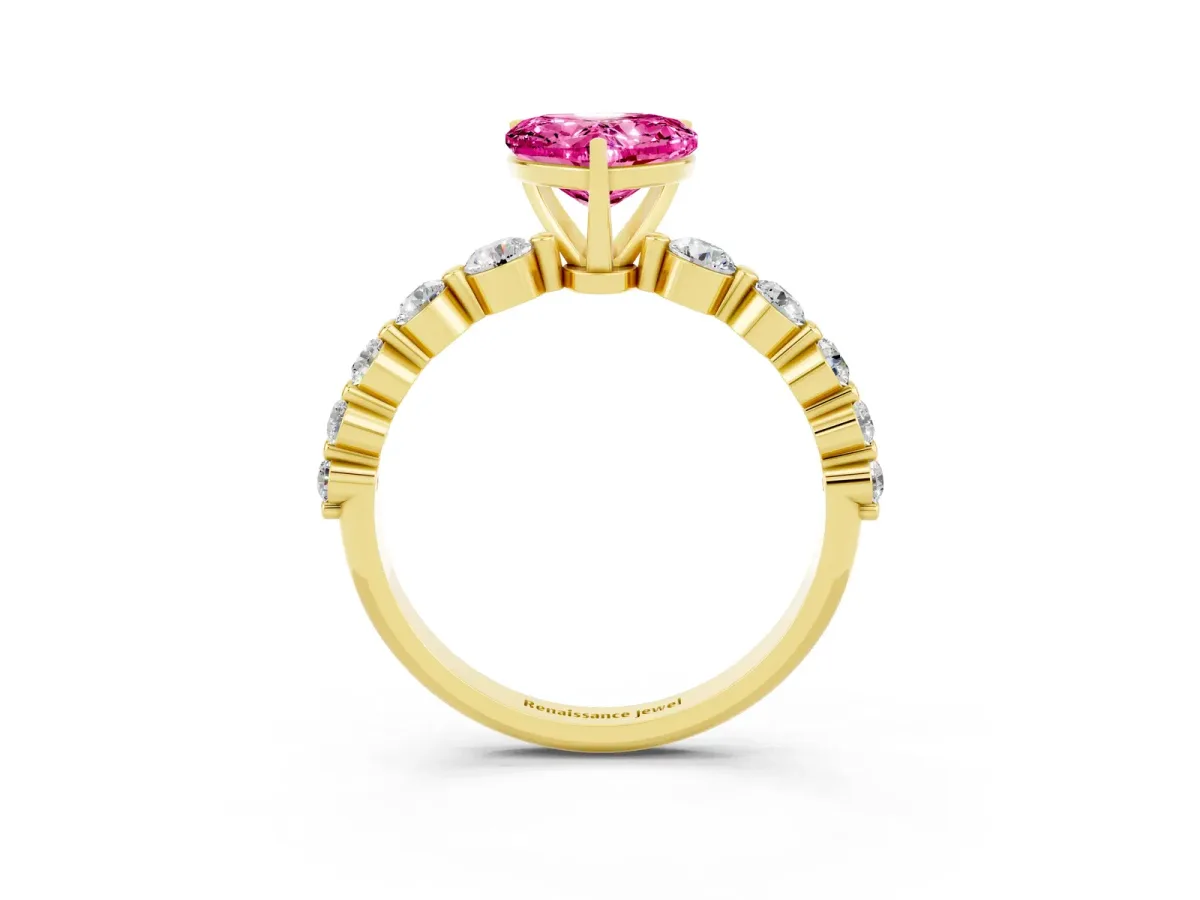 Heart Cut Solitaire Pink Sapphire Ring with Pave Band and Four-Prong Setting Yellow gold