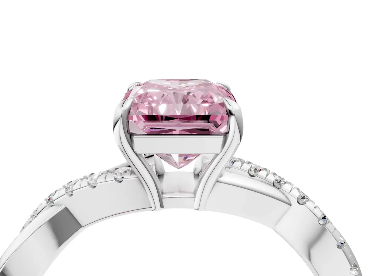 Fancy Pink Radiant Cut Cut Diamond Twisted Band with Pavé Setting and Four-Prong Setting Platinum