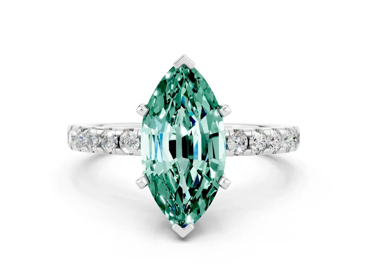 Marquise Cut Green Sapphire Solitaire Ring with Round Pavé Band and Four-Prong Setting White gold