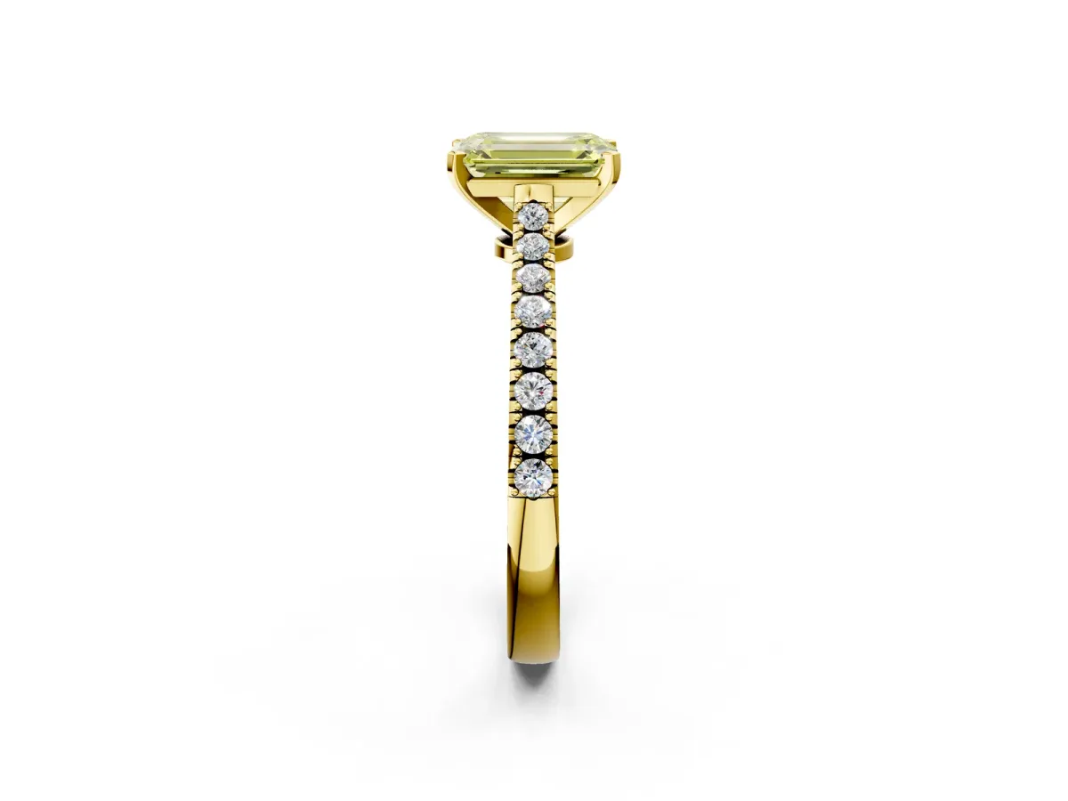 Fancy Yellow Emerald Cut Cut Solitaire Diamond Engagement Ring with Pave Band and Four-Prong Setting Yellow gold