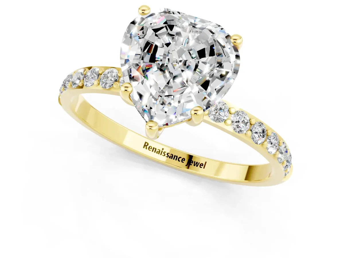 Heart Cut Moissanite Solitaire Ring with Round Pavé Band and Prong Setting Yellow gold